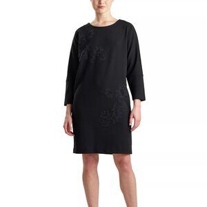 NWT Natori Black Round-Neck Floral Appliqué Shift Dress - Sz S&L - MSRP $175